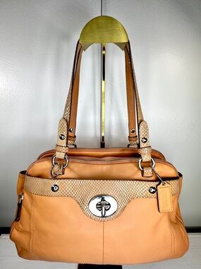 Coach Leather Satchel Shoulder Bag Tan w/ Snakeskin Trim Turnlock Closure